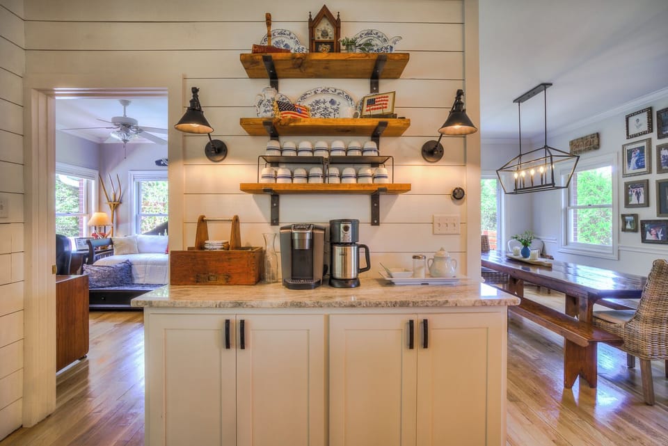 Coffee bar with Keurig and standard coffee maker. 