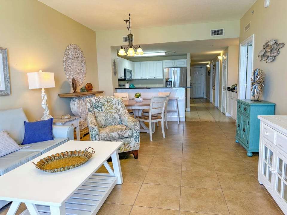 Living room, dining area, and kitchen