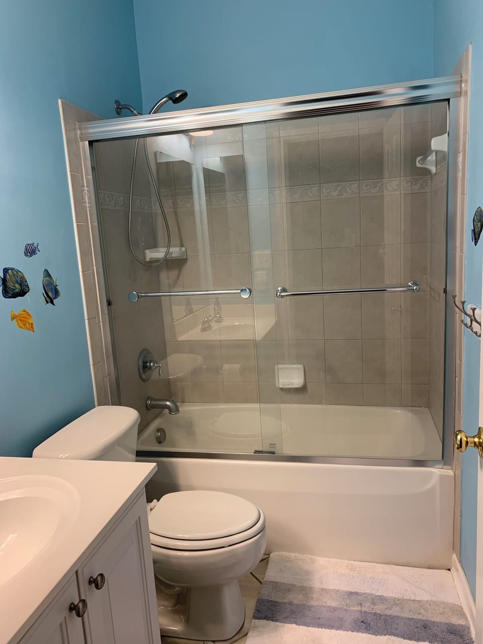 New glass surround shower in fish hall bathroom.