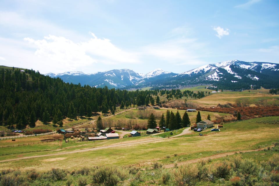 A view of the ranch buildings.  The Cabin is on the hill towards the mountains.
