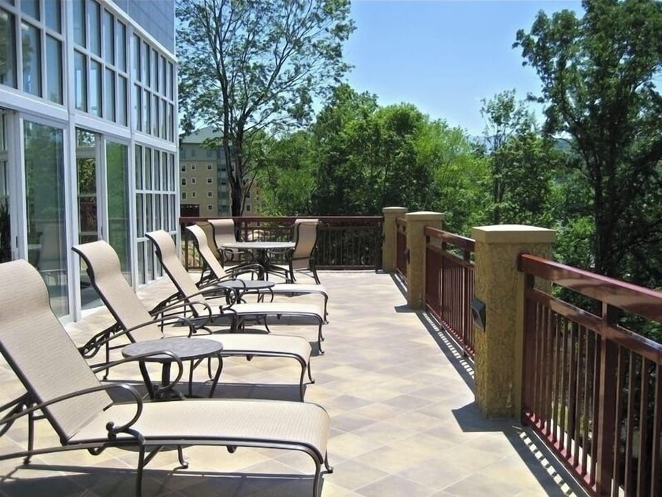 Sun deck looking over the river and just outside the indoor pool area. 