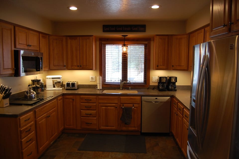 Kitchen with views of the back patio.