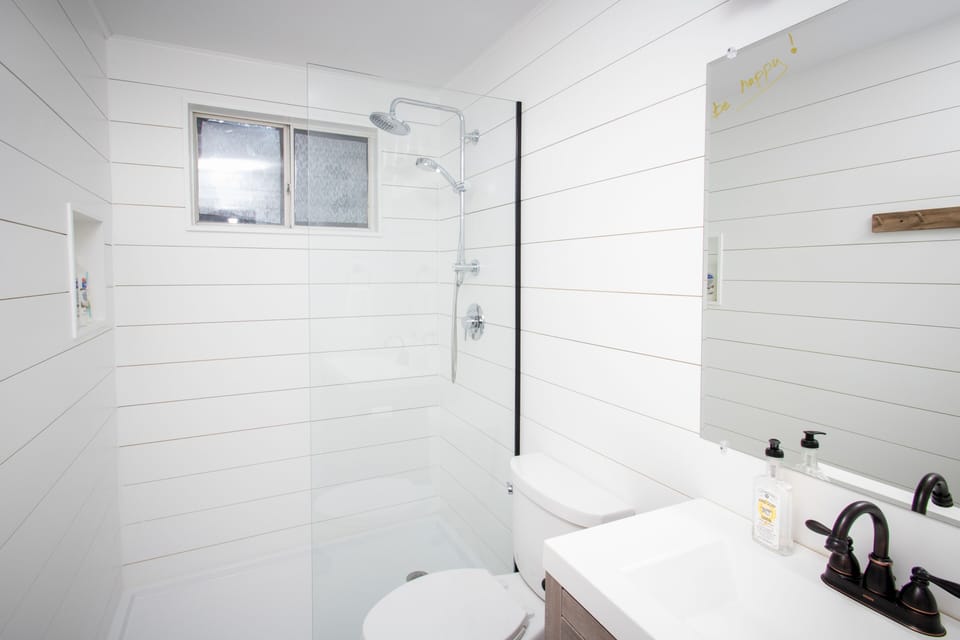 Downstairs bathroom with rain shower and hand held showerhead