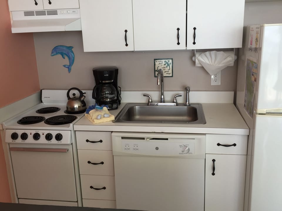 Just enough kitchen for morning breakfasts and nights staying in. 