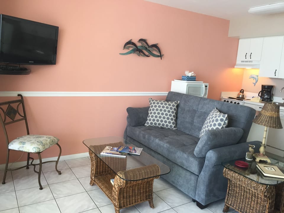 Living room with new queen size sleeper overlooking Gulf view 