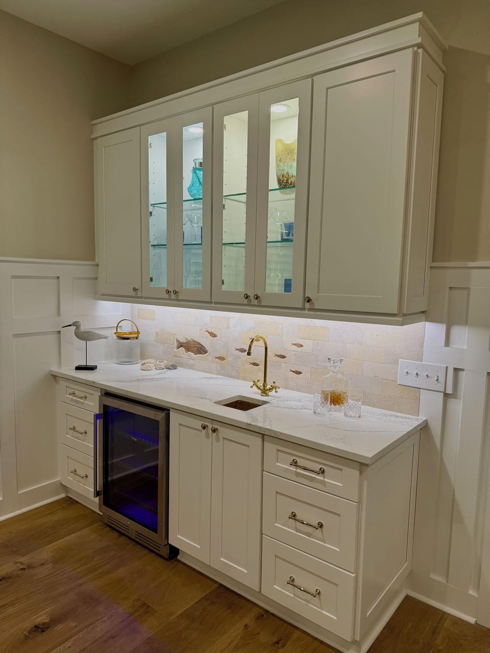 Wet Bar w/ 55-Million-Year-Old Fish Fossil plates from WY made into tiles 