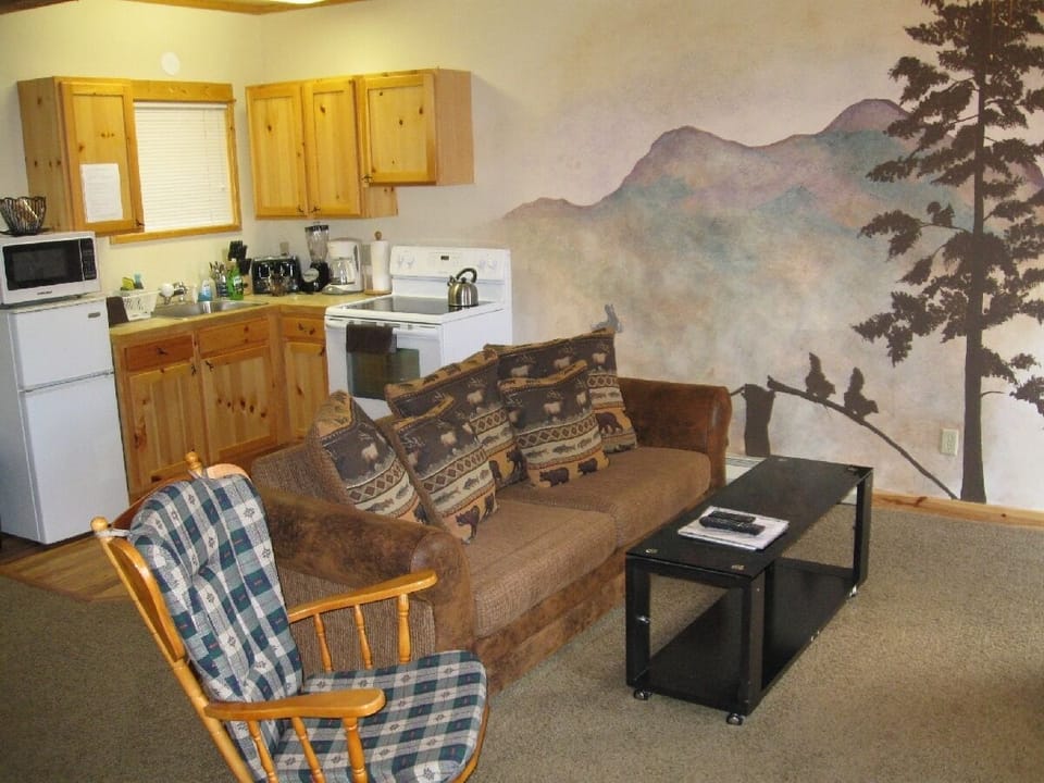 Living room and kitchen, painted wall