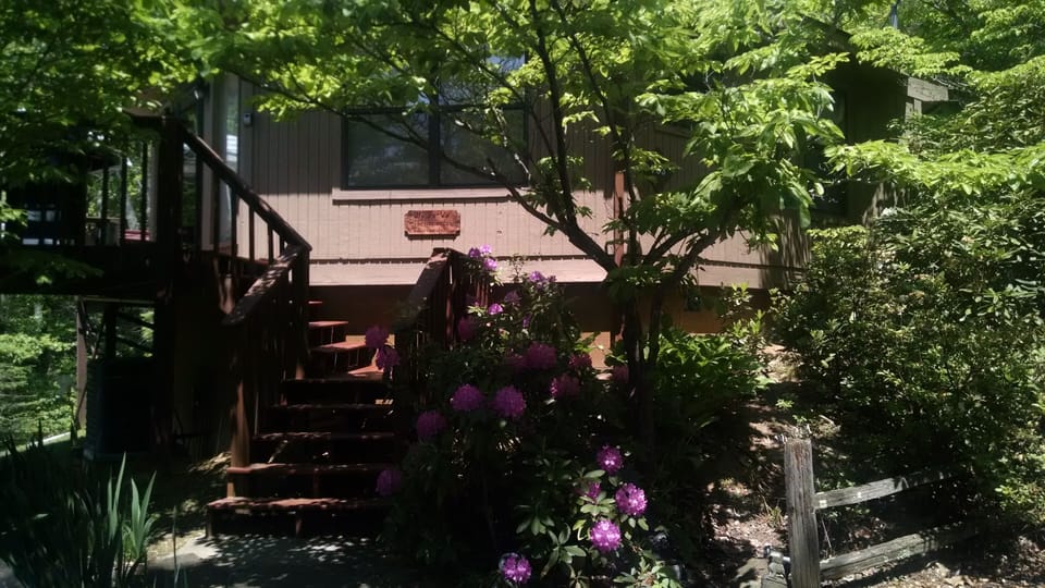 View of stairs up to deck from driveway