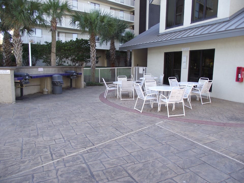 Seating near front pool. 