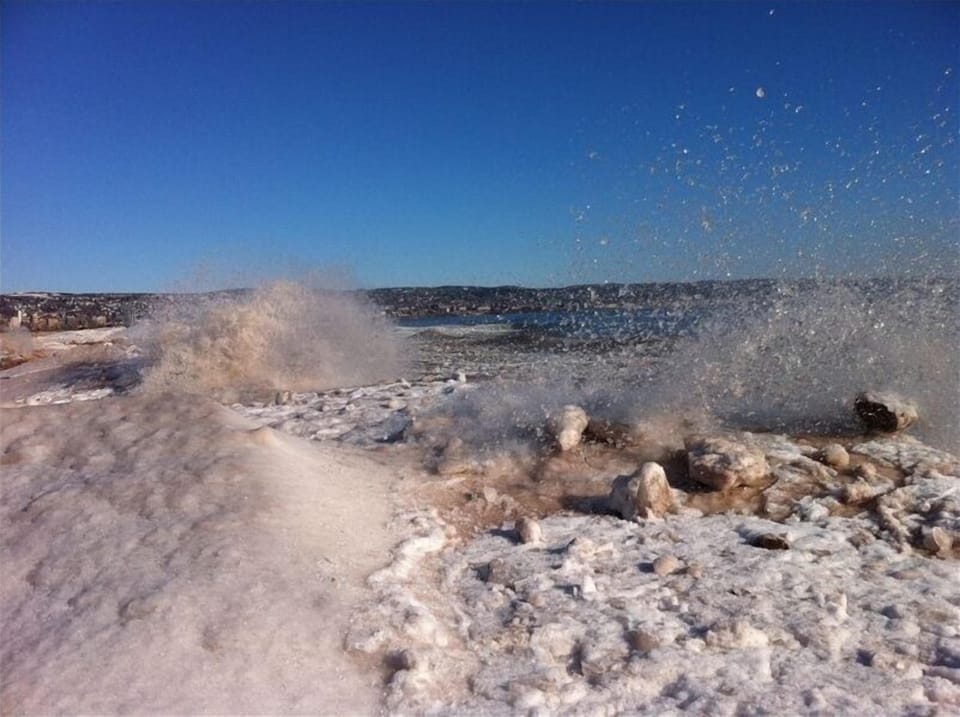 Ice pack along Minnesota Point in February.  Note Duluth in the background.