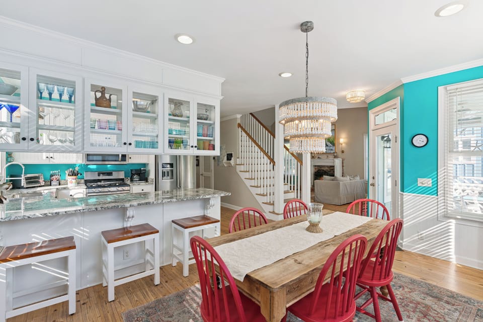 Dining table and bar seating for 9