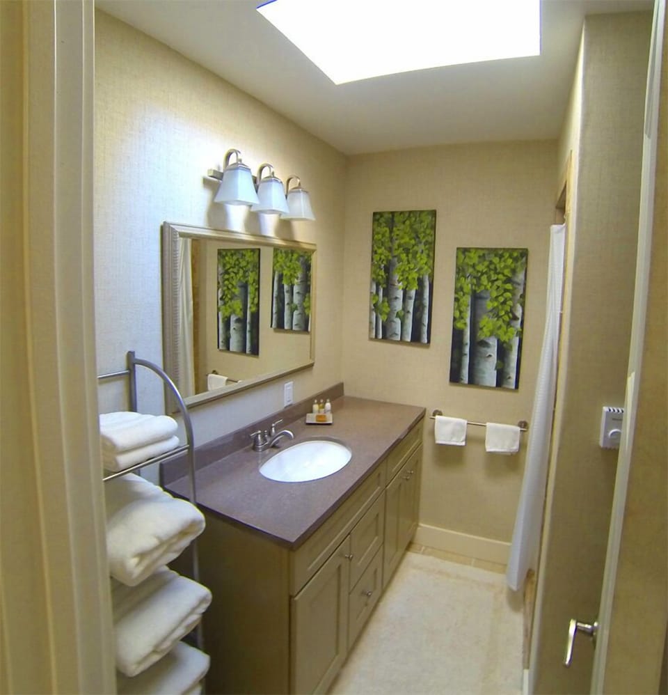 bathroom with shower and heated floors. 