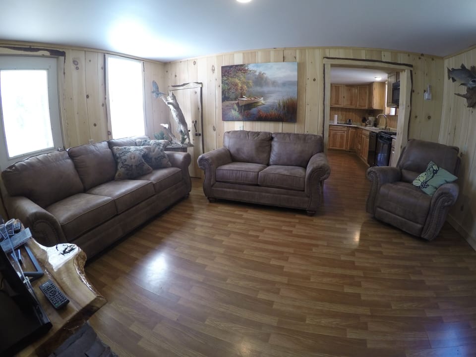 The newly furnished living room has seating for the whole family