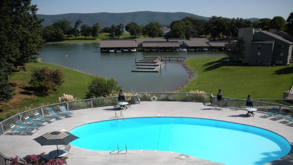 Enjoy the view from our deck. Bernard's Landing marina, guest docks, & pool
