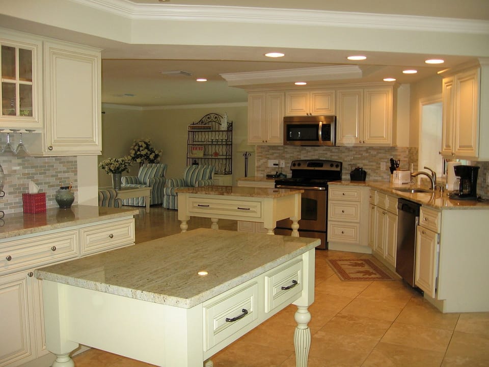 Wide Open Kitchen and Bar Area with Two Islands