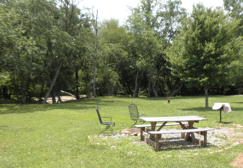 Backyard with picnic and grilling area.You can see and hear the river from here.