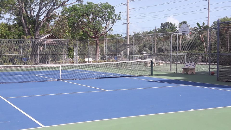 Tennis court with pickle ball and basketball