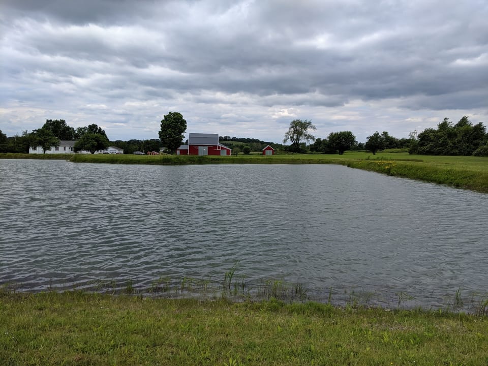 View of large pond, barn, and house