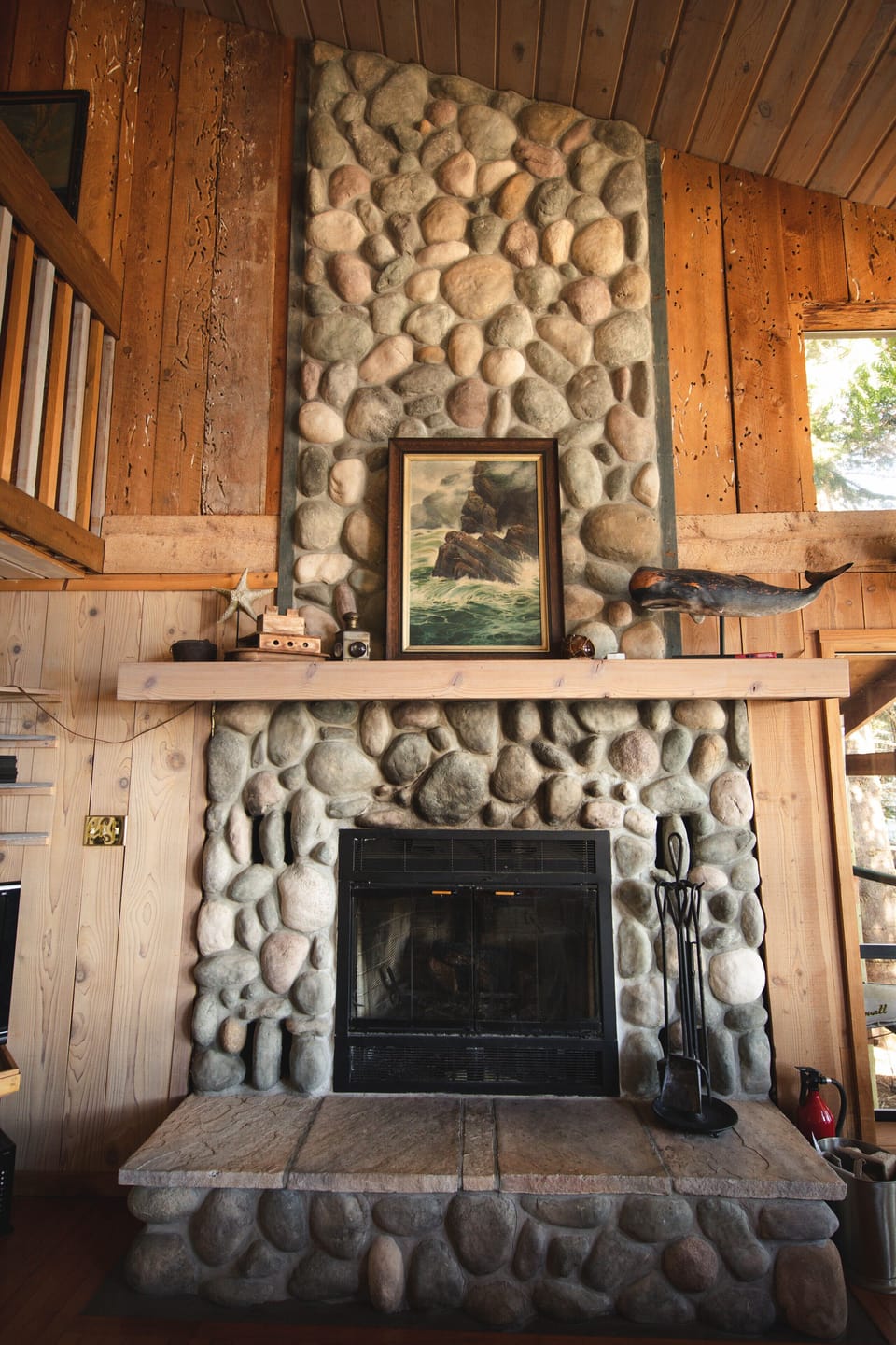 River-rock fireplace