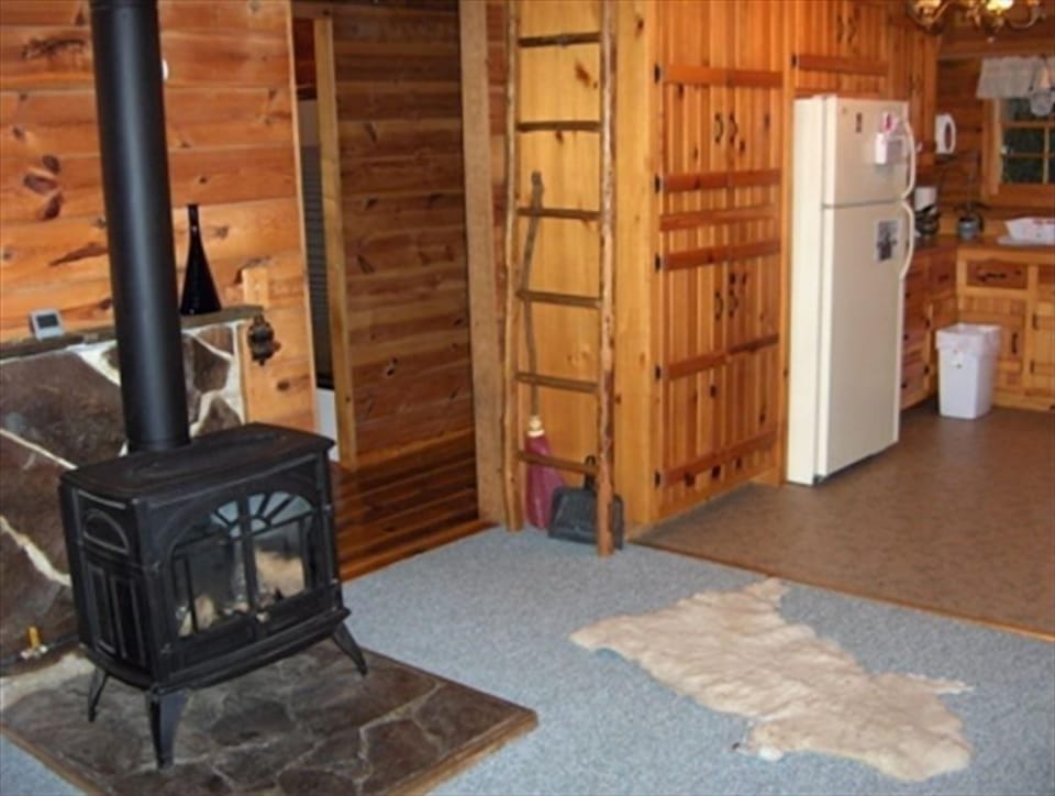 A view of the hearth stove and entrance to hallway.