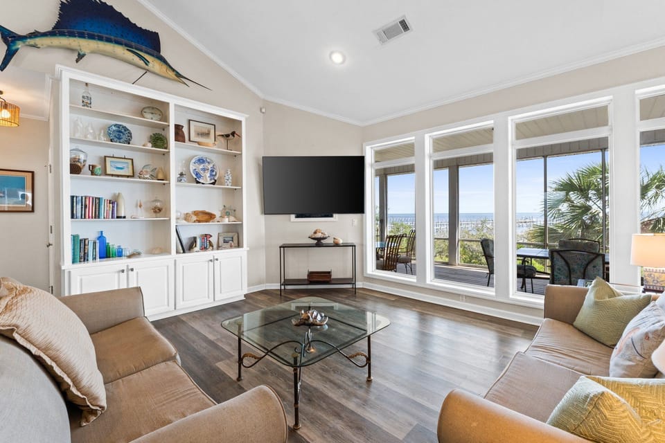 Spacious coastal living room with breathtaking ocean views 