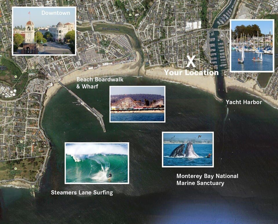 You can walk to the Yacht Harbor, the Boardwalk, the beach is a 3 minute walk and our Santa Cruz Beach Harbor house is an 8 minute drive to downtown Santa Cruz, 55 minutes to the Monterey Bay Aquarium. It is in the perfect location.
