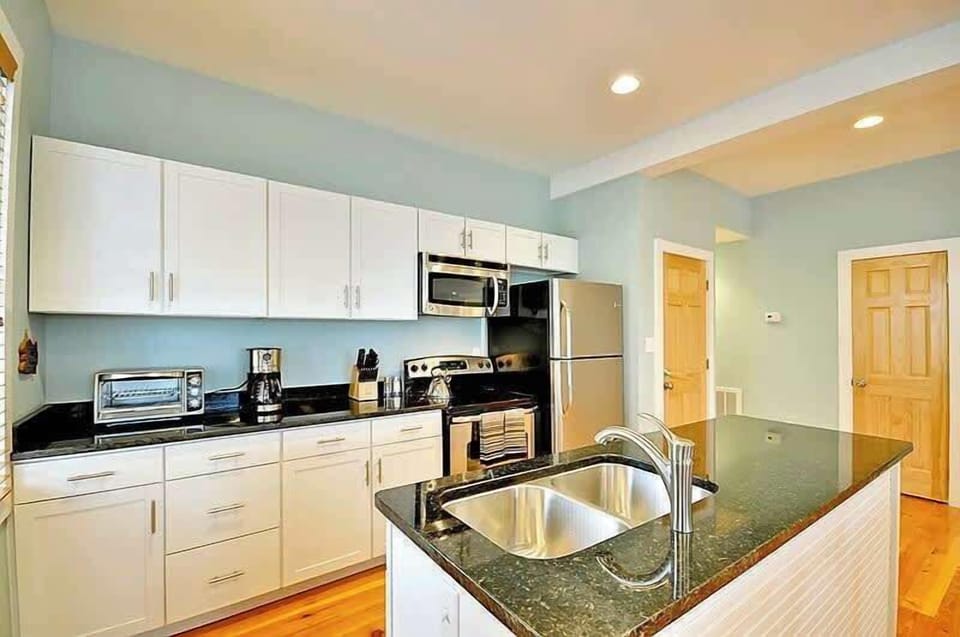 The kitchen is open to the great room, so the cook can socialize as well.