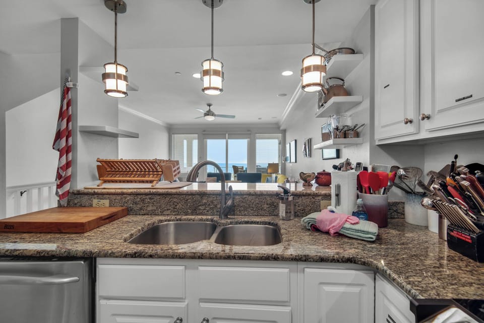 Kitchen area overlooking living room area
