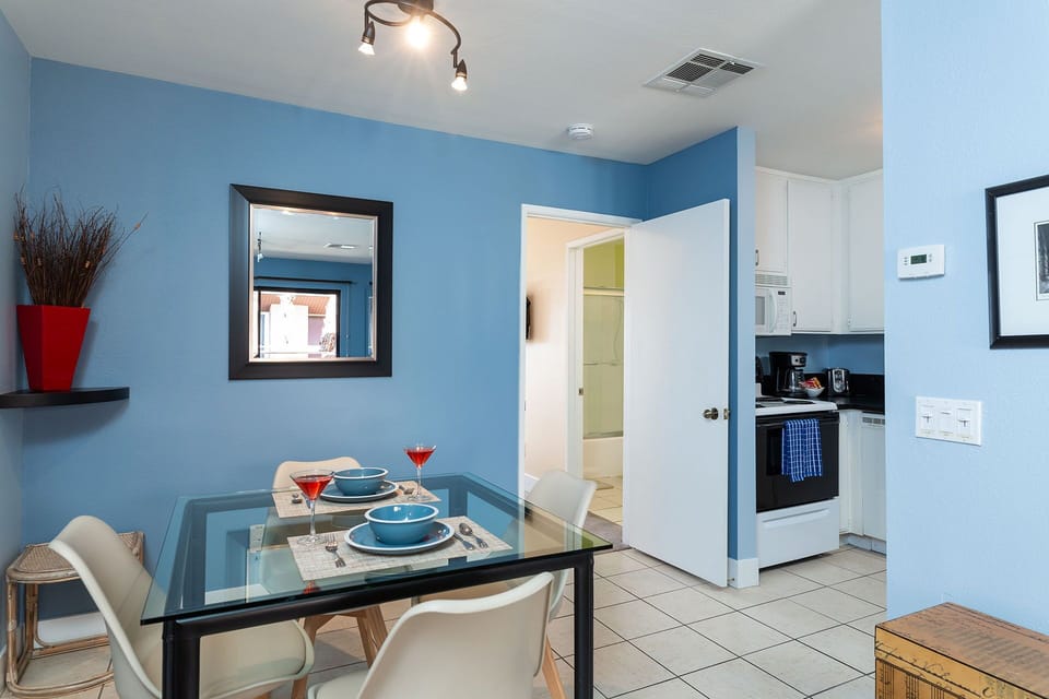 Dining area and adjacent kitchen