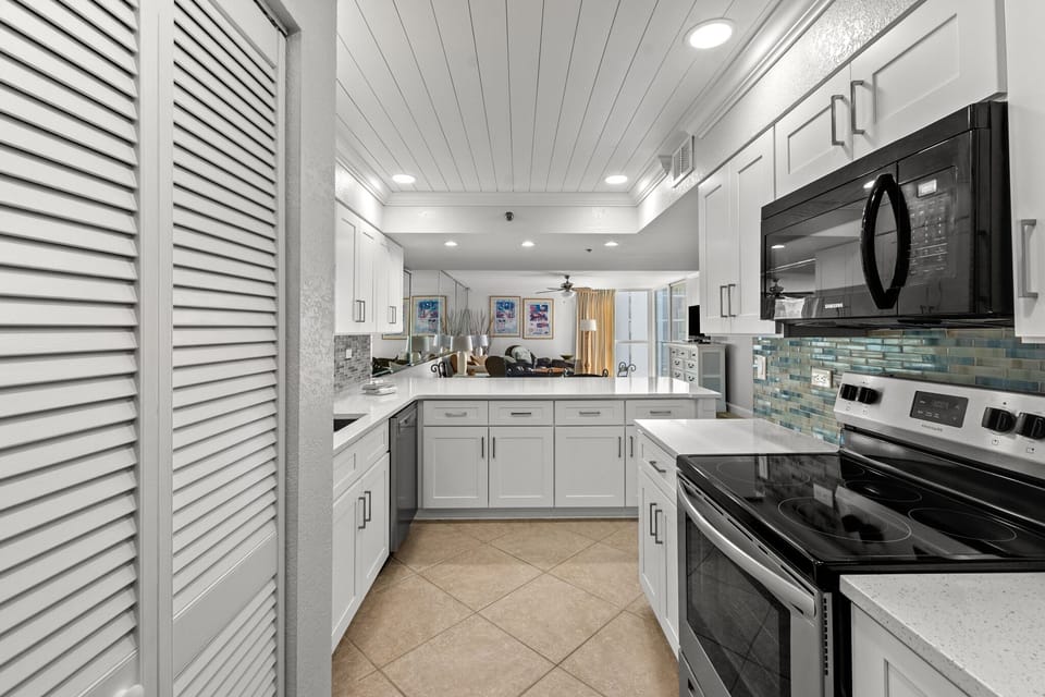 Full size kitchen has everything you need to cook. Also full size washer & dryer