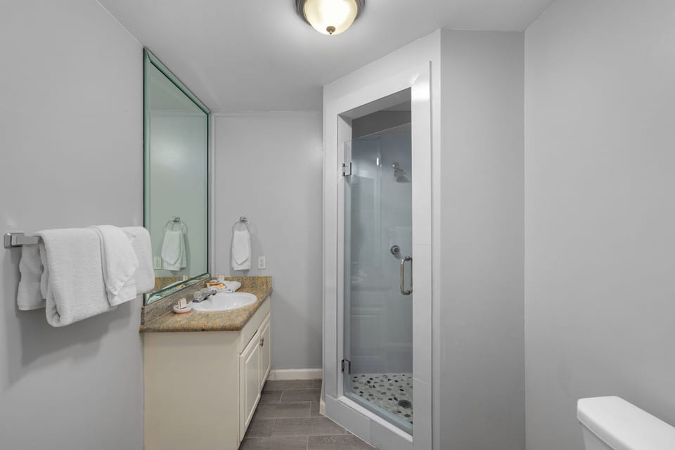 1st floor bathroom with newly remodeled walk in shower and large vanity mirror