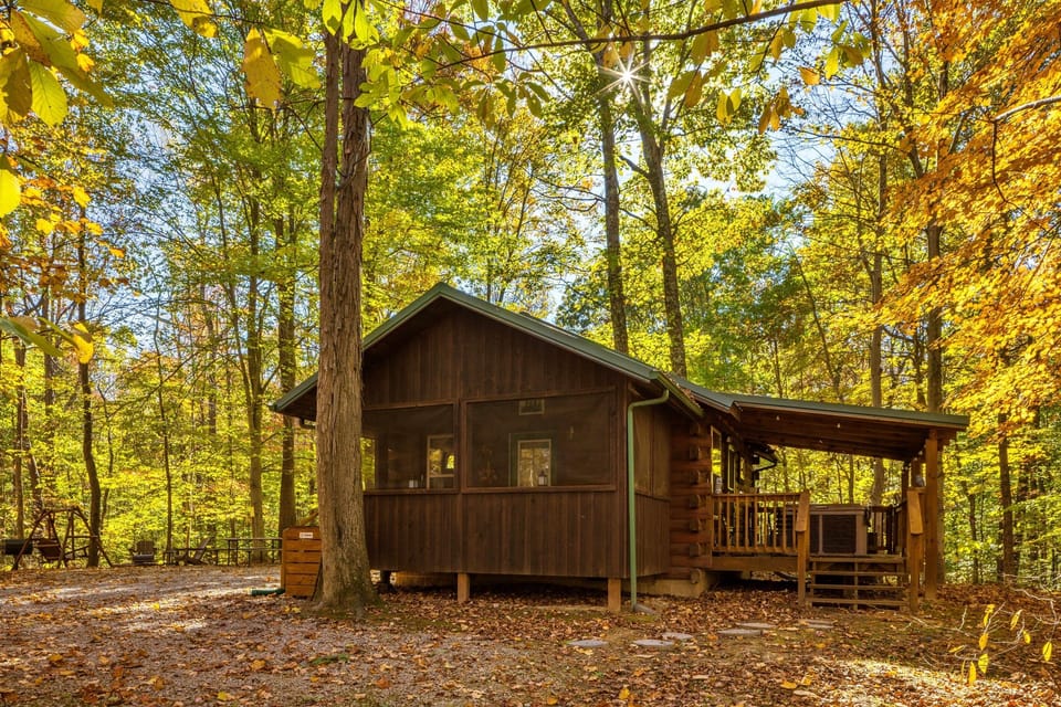 Fall view of cabin and covered hot tub area