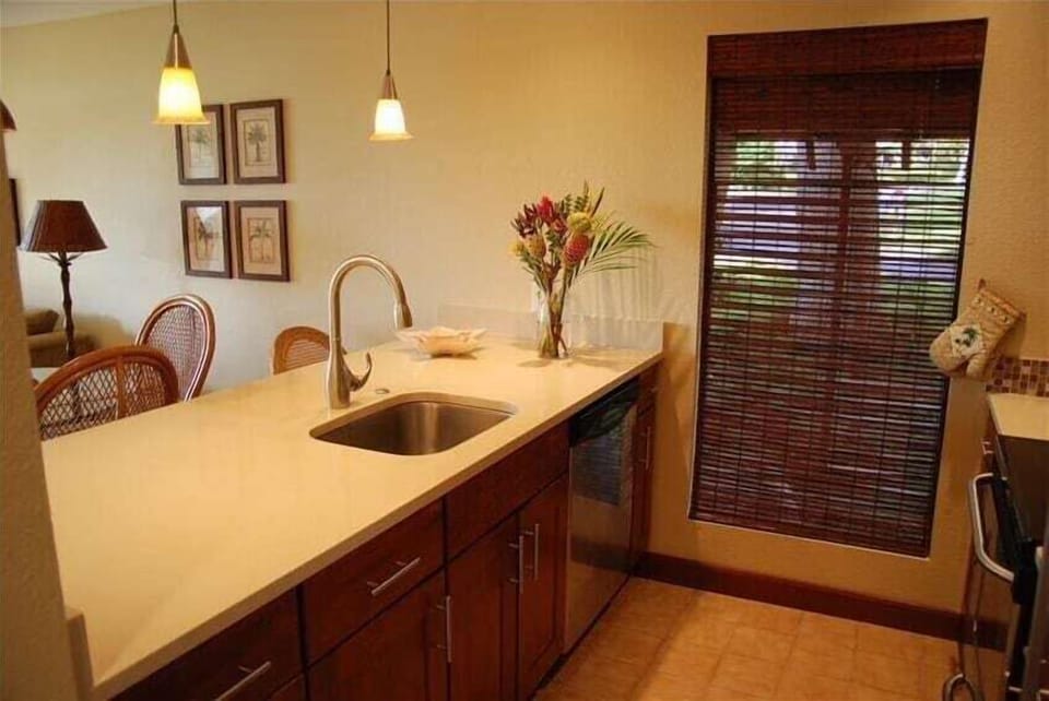 The CaesarStone(R) peninsula bar offers space for preparing great meals