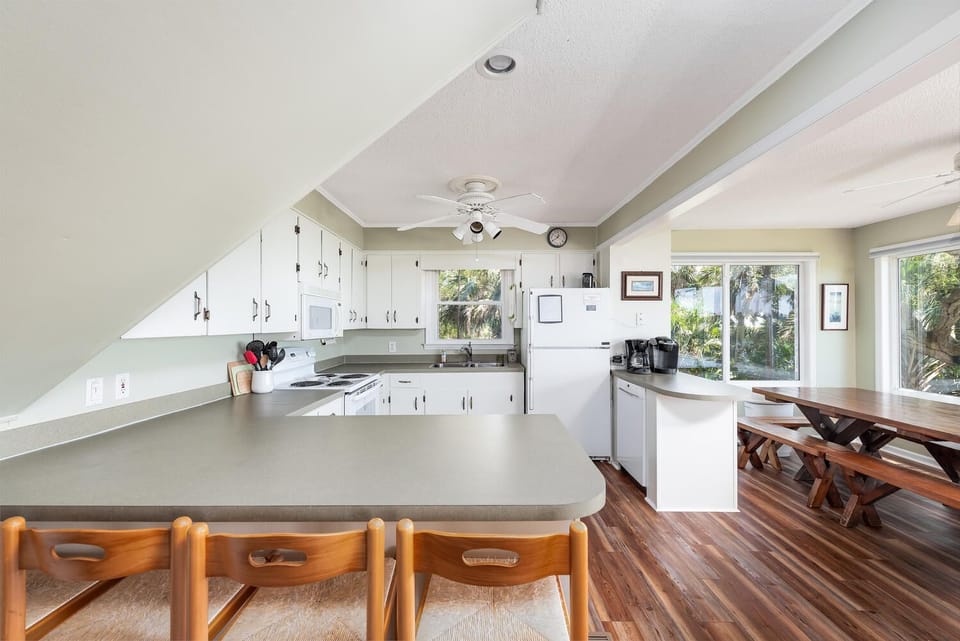 View over the counter into the kitchen