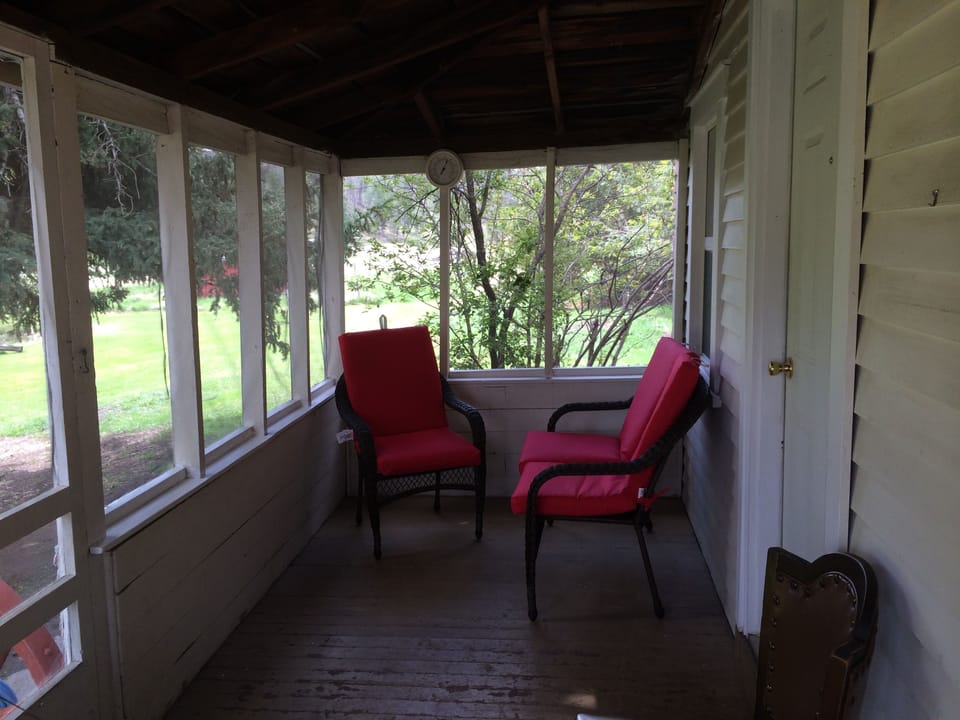 The screened in porch is shaded by two huge spruce trees.