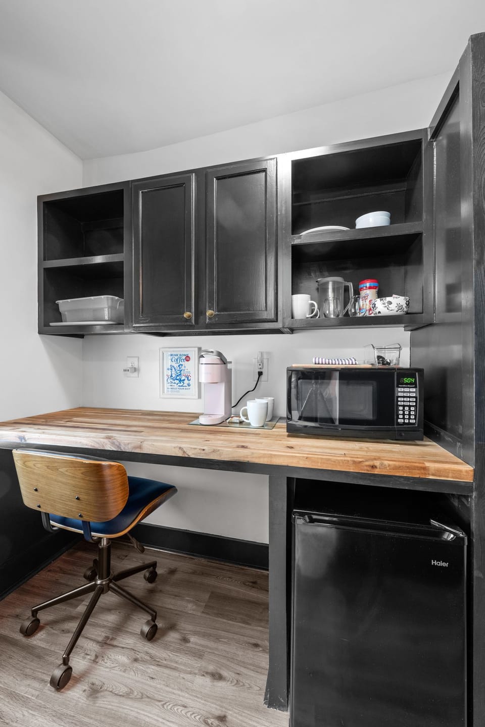 Keurig Coffee, Mini Fridge , Microwave and Desk Area
