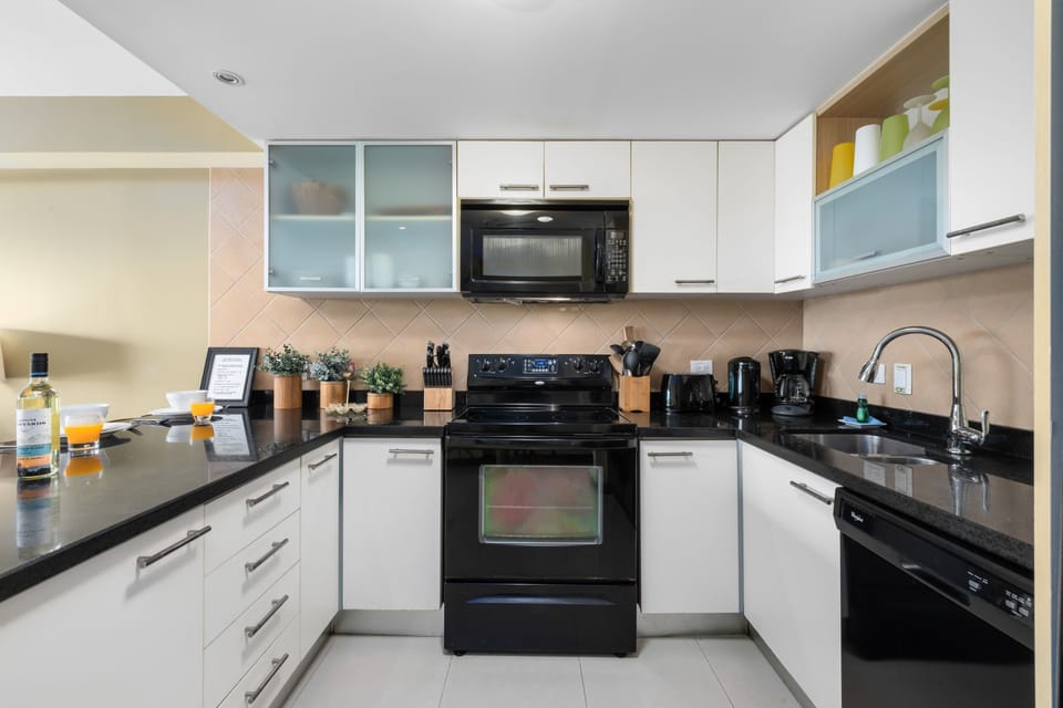 Stove, microwave, dishwasher, full size fridge, blender, coffee maker, plus more