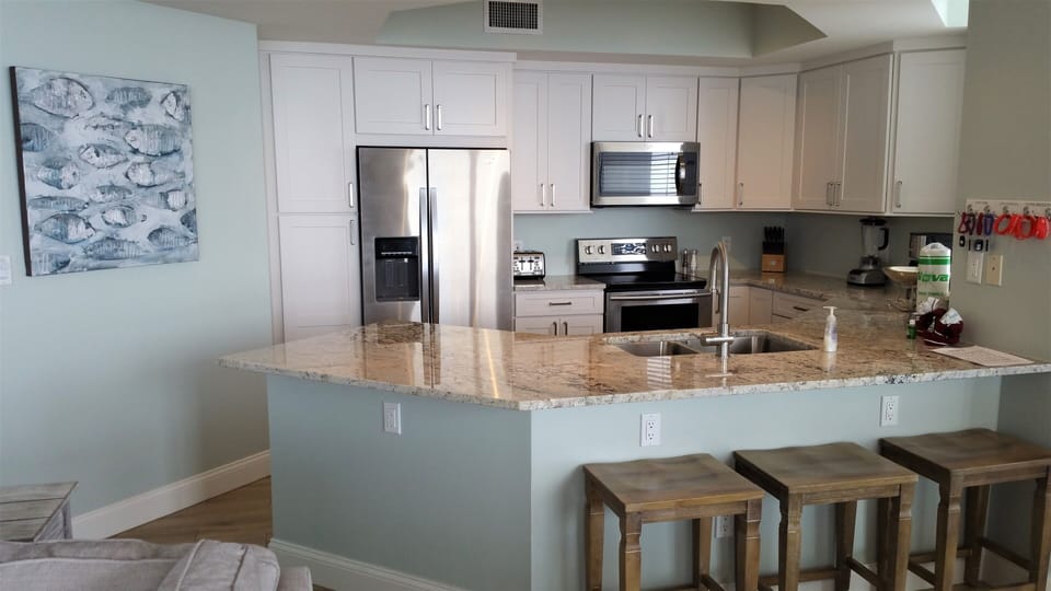 New custom kitchen, white shaker maple cabinets, premium stainless appliances.