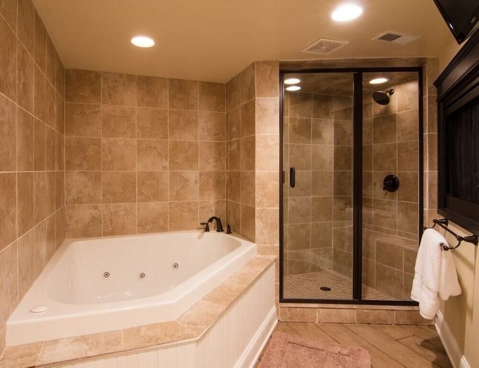 Oversized jetted tub with Chroma-therapy lights and Shiatzu jets. Large walk-in shower with 2 shower heads. Fireplace and TV