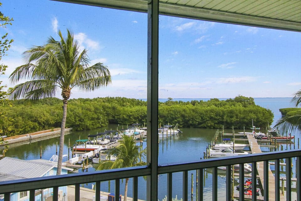 East View from screened Lanai showing marina and Pine Sound.