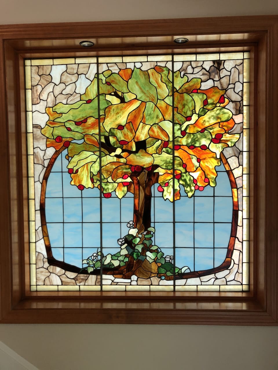 Stained glass made by Poppie (Ralph) in entrance of cottage