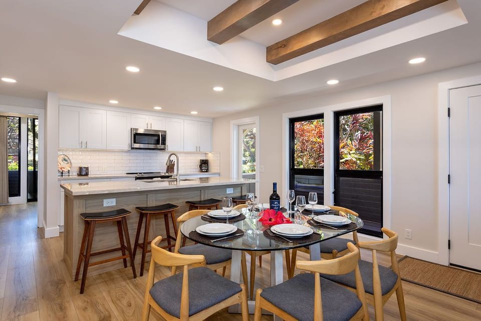 Dining table with seating for 6 and 3 bar stools.