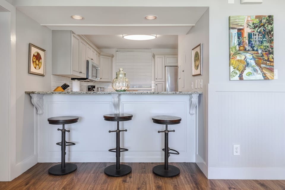 The bar has 3 additional seats for  dining or great conversations