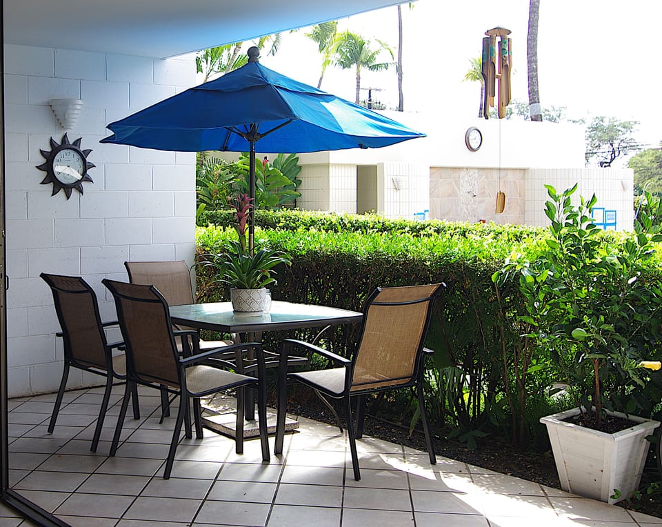 Large lanai with comfortable dining table and umbrella