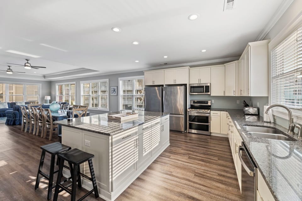 Large space to prepare, cook, serve, and enjoy family meals. 