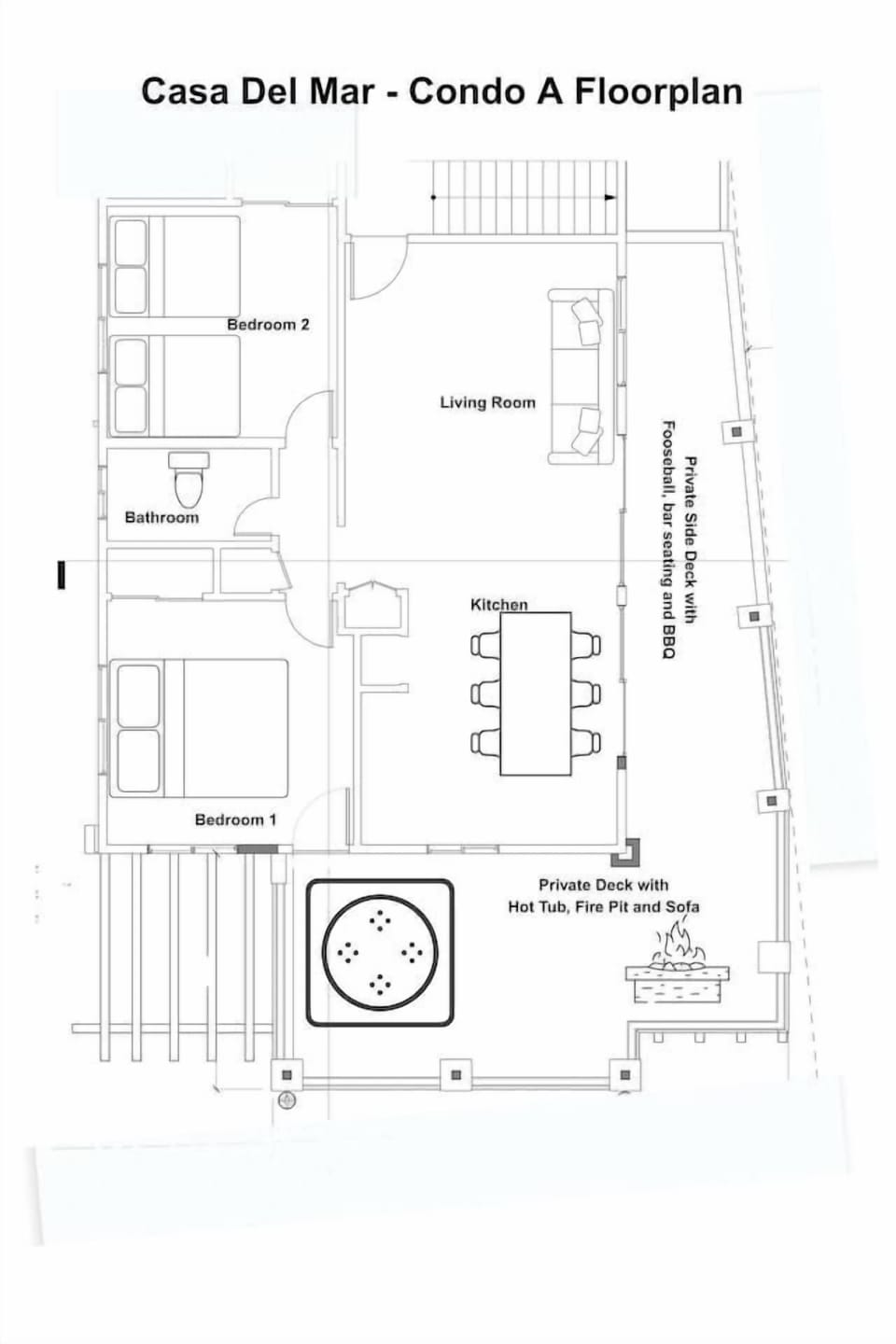 Here is a floorplan for this 2-bedroom / 1 bath condo with Private Deck