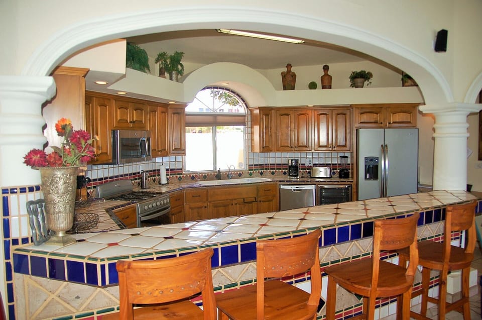 Large kitchen, dishwasher, gas stove, wine fridge, microwave, large refrigerator