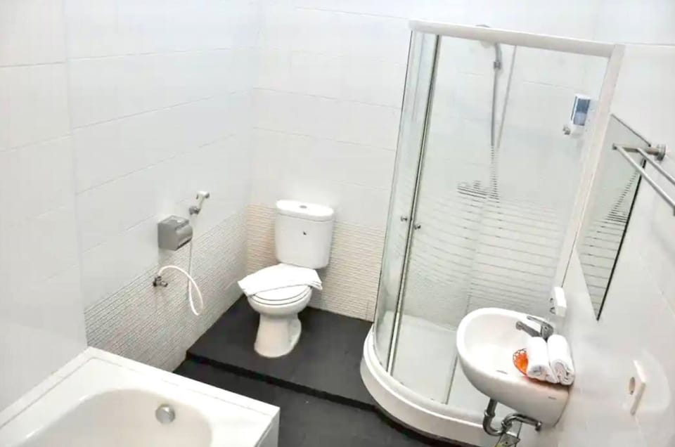 Shower, free toiletries, towels, soap