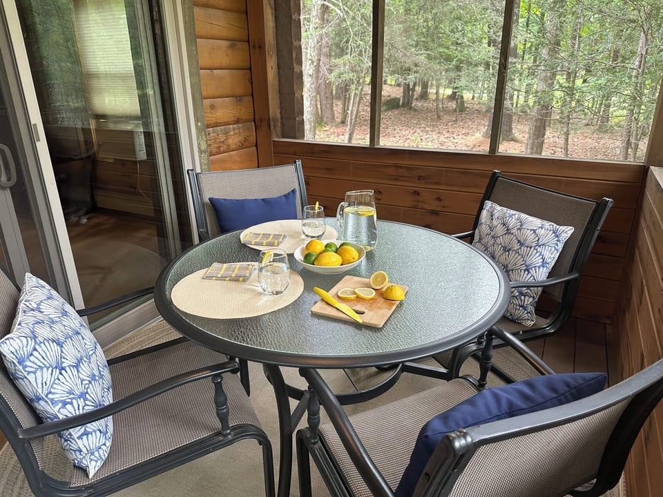 Outdoor, screened-in patio with views of the forest