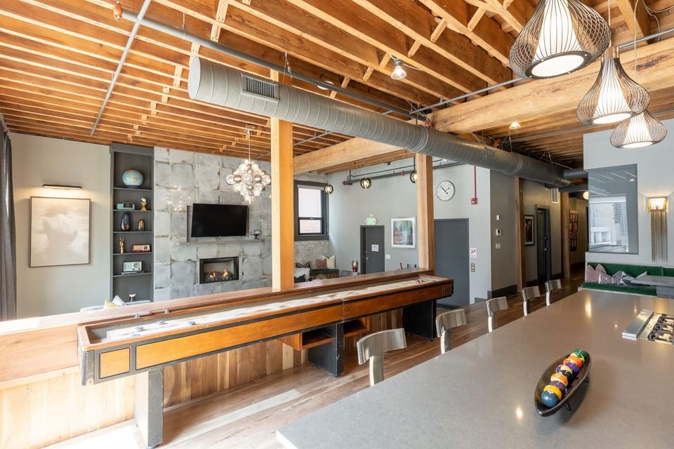 Shuffleboard between kitchen and living area